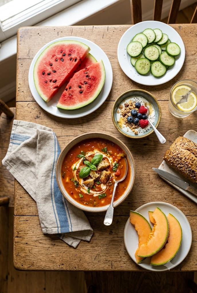 Hydrating foods: soup, watermelon, cucumbers, yogurt, and lemon water