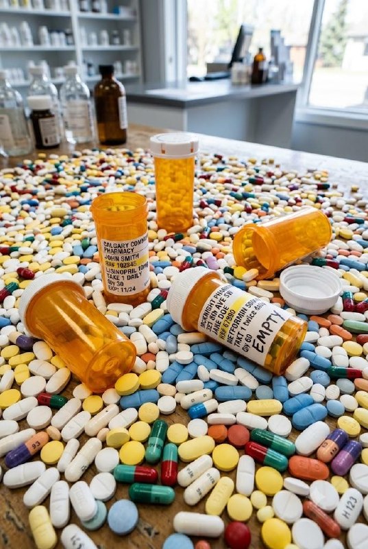 Prescription medication bottles and pills