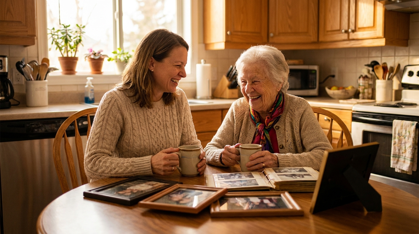 Peaceful moment between elderly mother and adult daughter sharing coffee and genuine laughter