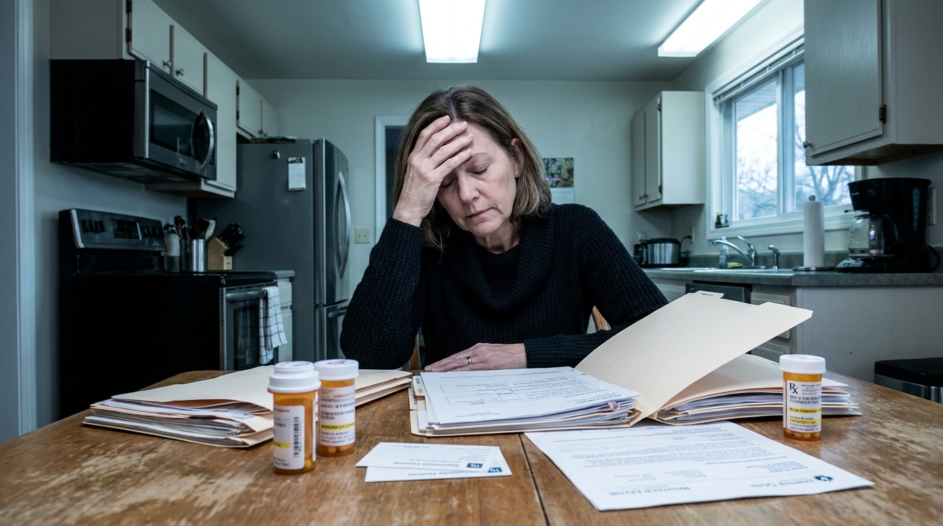 Adult daughter overwhelmed by medical coordination paperwork and responsibilities