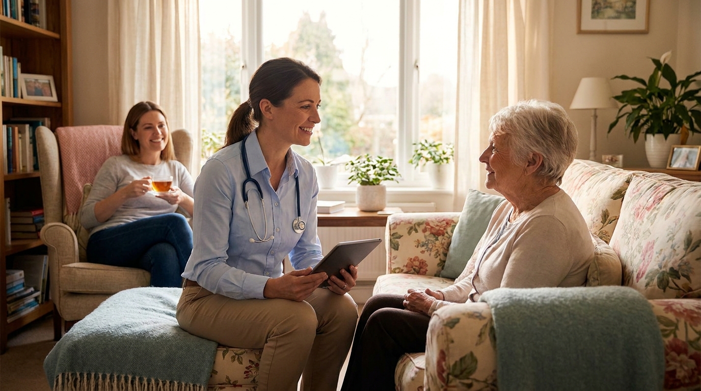 Beyond Neighbours physician conducting professional house call medical visit in comfortable home setting