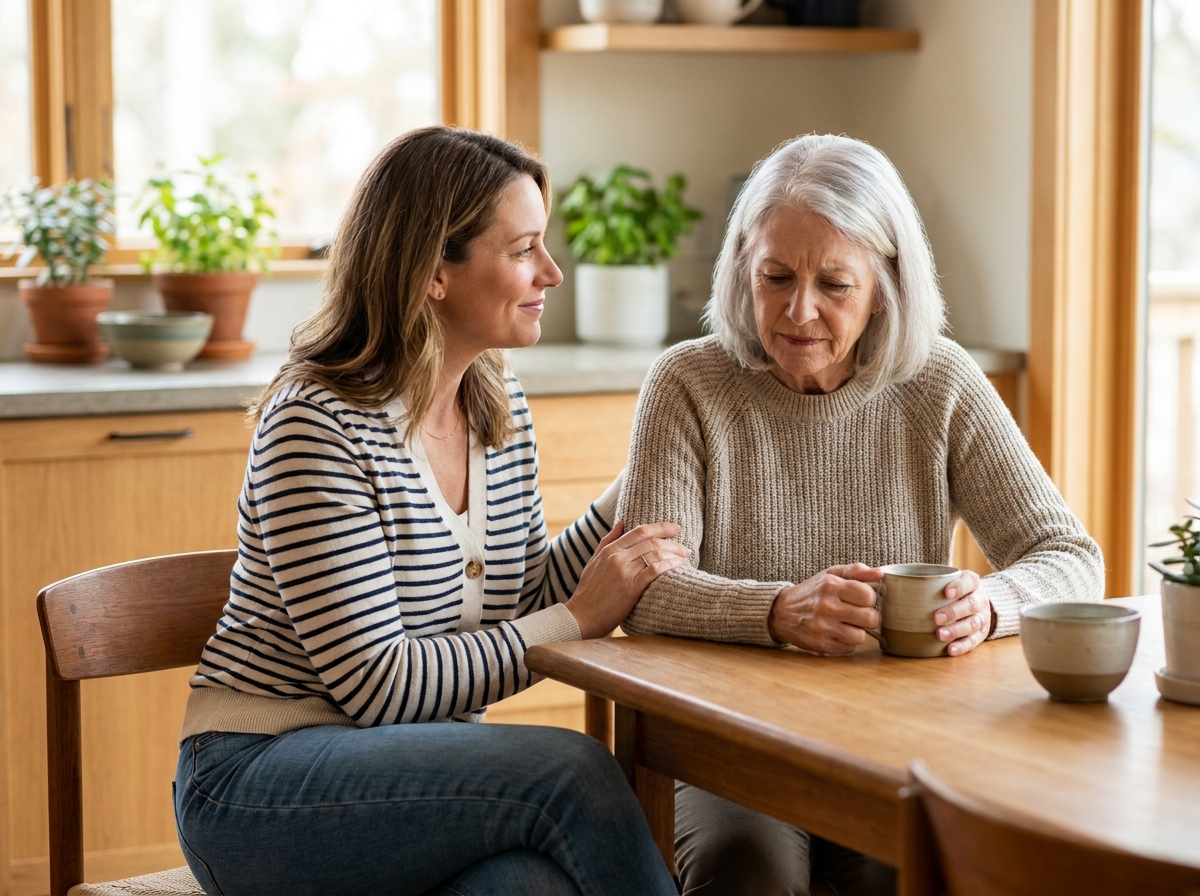 Adult daughter supporting elderly mother with eating concerns