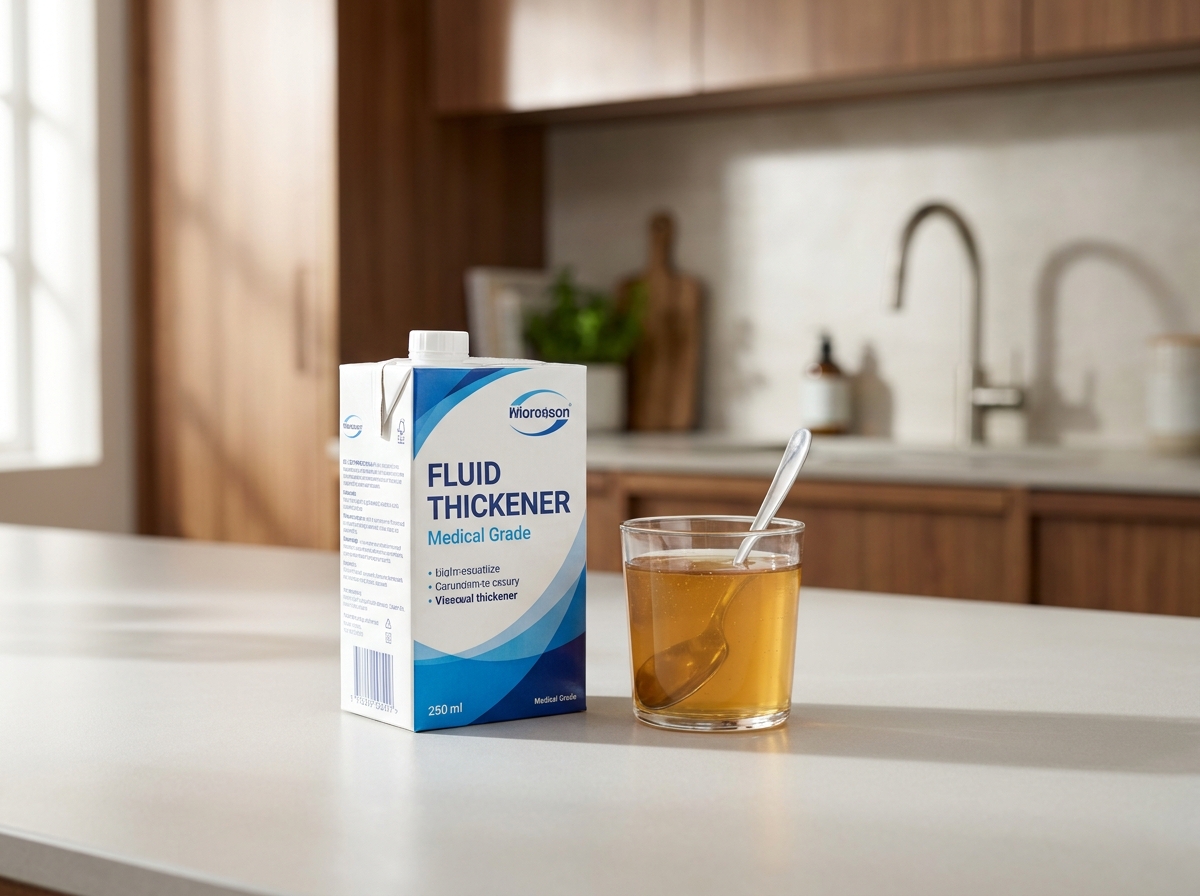 Fluid thickener product with thickened liquid demonstration