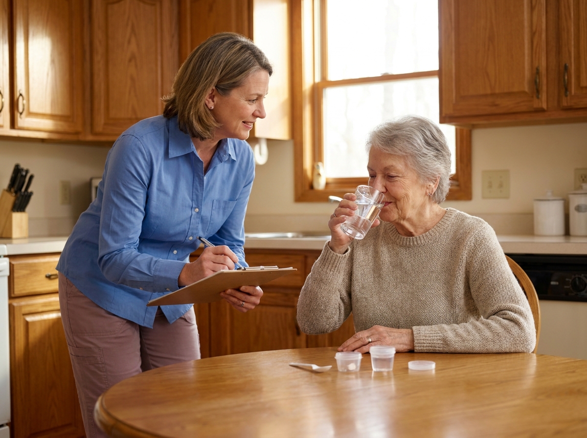 Physician conducting swallowing assessment at patient's home