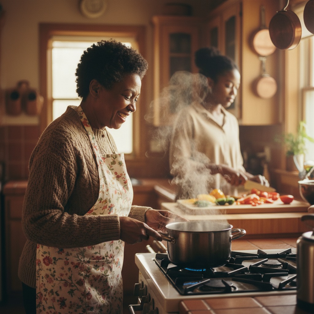 Senior woman cooking at home with caregiver helping in the background