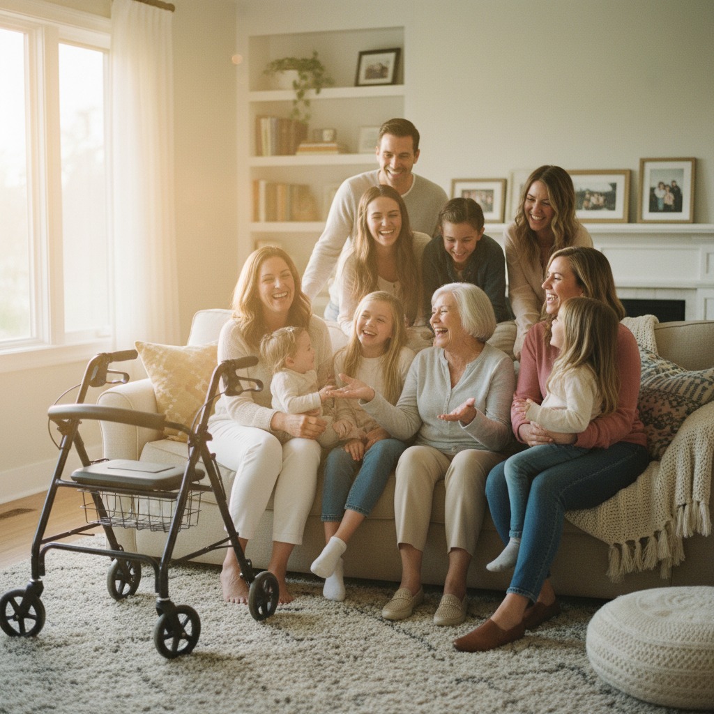 Multi-generational family laughing together in a living room
