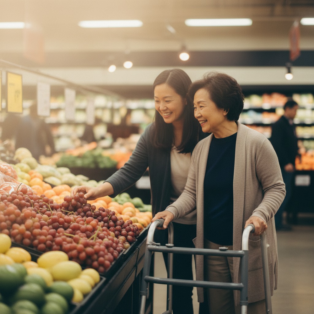 Daughter helping her elderly mother choose fruit at the grocery store