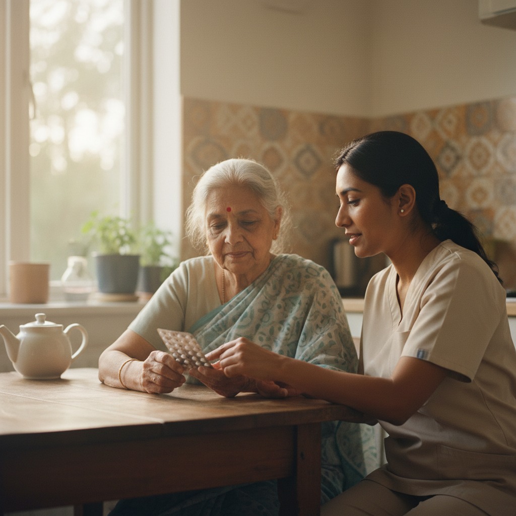 Care aide helping a senior woman with her medications at the kitchen table