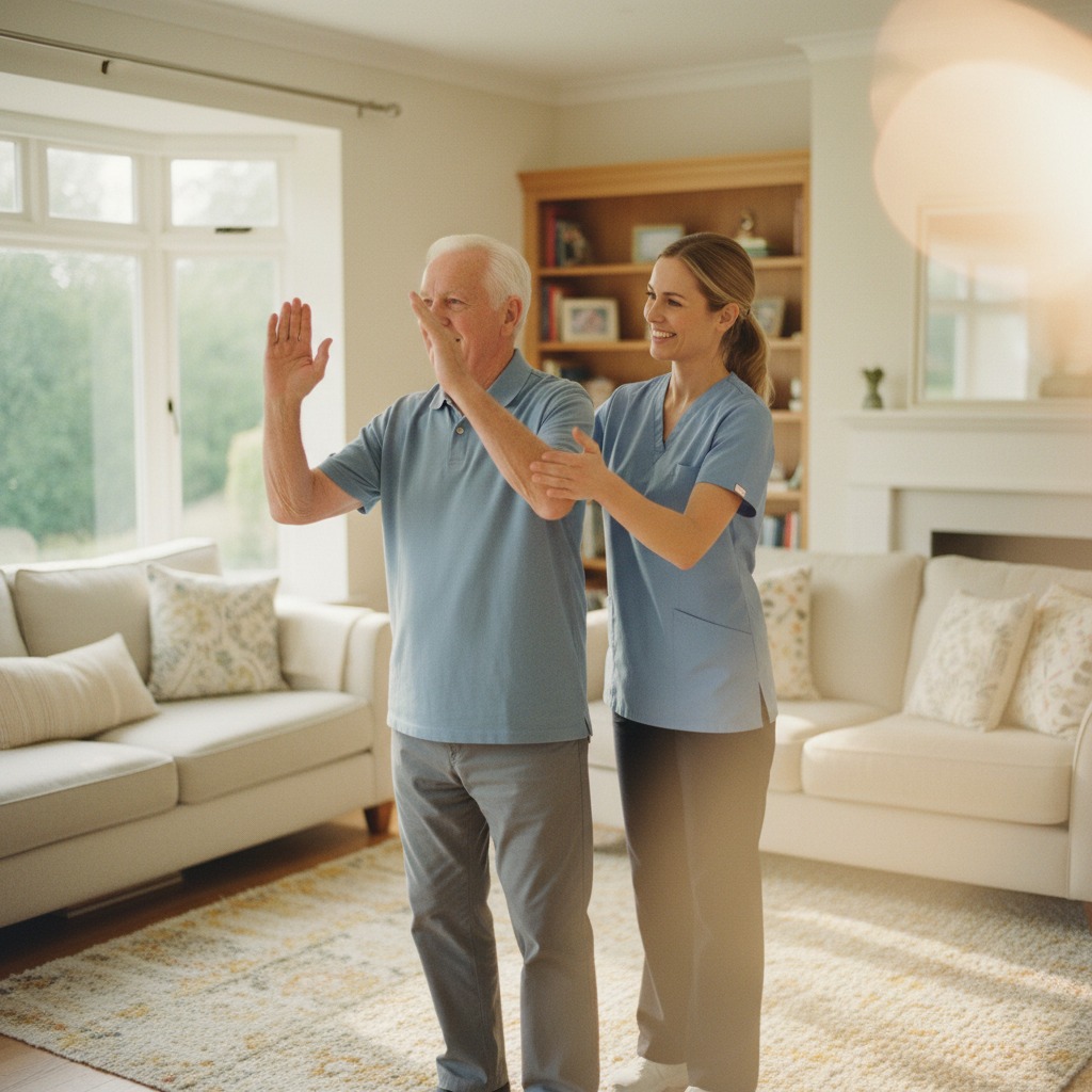 Elderly man doing exercise with a physiotherapist at home